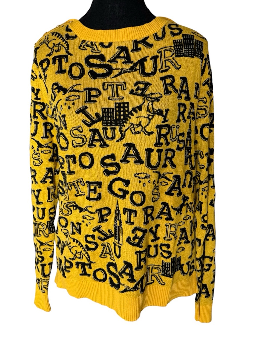 LYN AROUND Knit Pullover Sweater Alphabet Dinosaur Buttons Yellow Black Medium